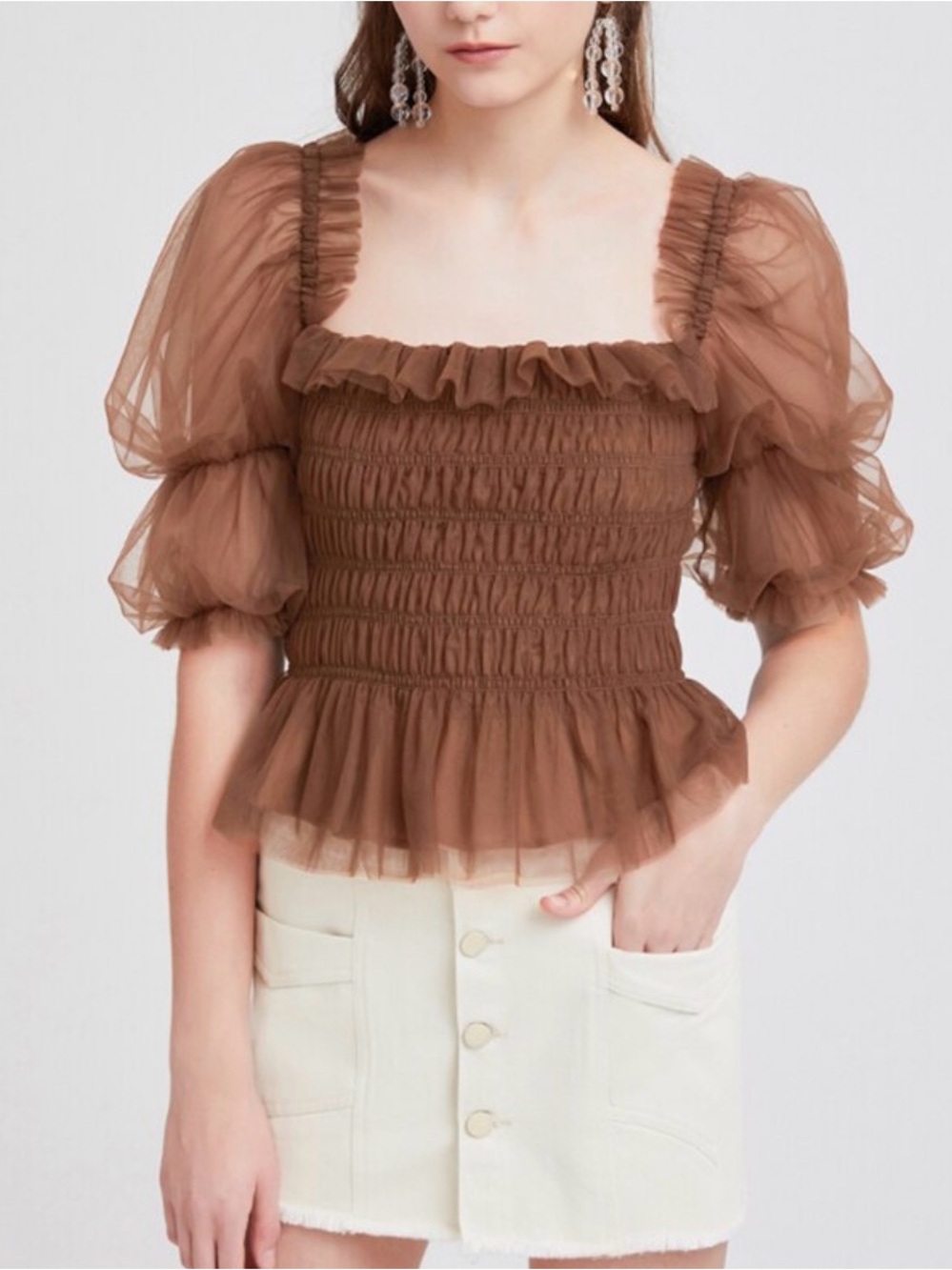 Smocked Puff Sleeve Crop Top in Brown